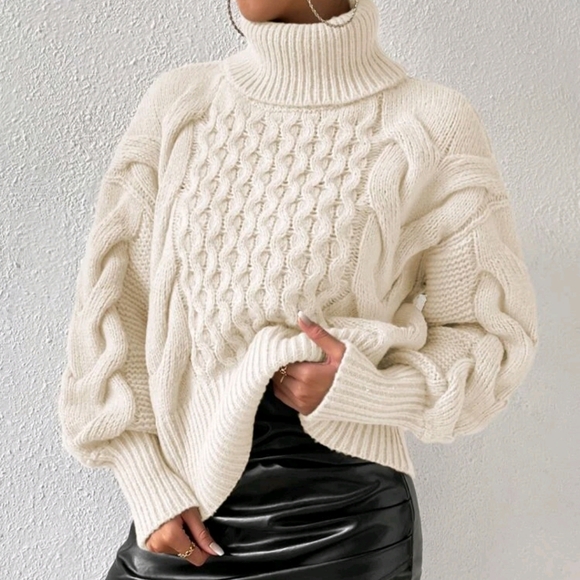 Turtleneck Cable Knit Drop Shoulder Sweater - Picture 4 of 5